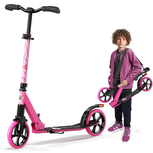 Campior Kick Scooter for Ages 6+, for Kids, Teens, and Adults, Max Load 240 LBS, Foldable, 8-inch Big Wheels for Kids and Adults, with Kickstand, 3 Adjustable Levels, Child Safety Approved, Pink