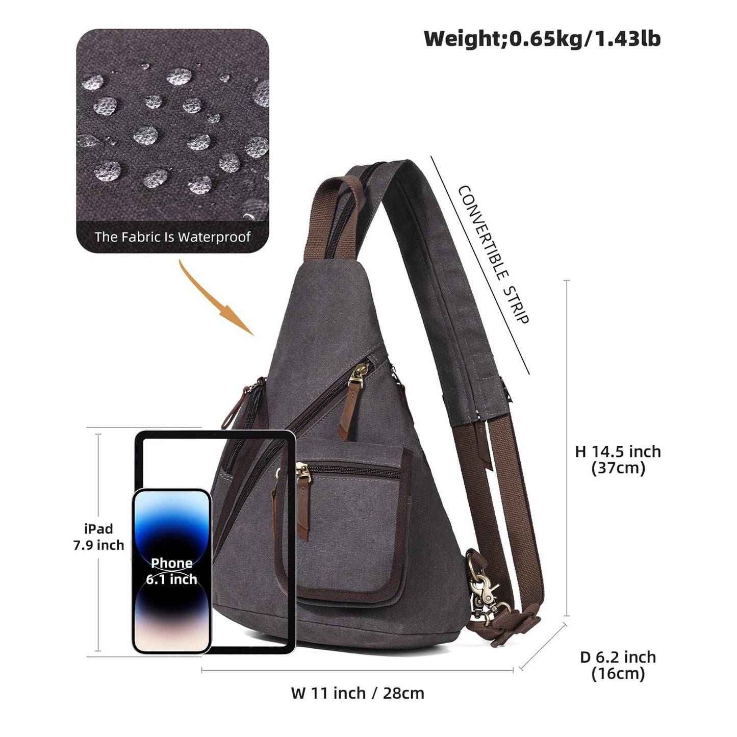 KL928 Canvas Sling Bag - Casual Crossbody Shoulder Daypack Rucksack Backpack for Men Women, Dark Grey