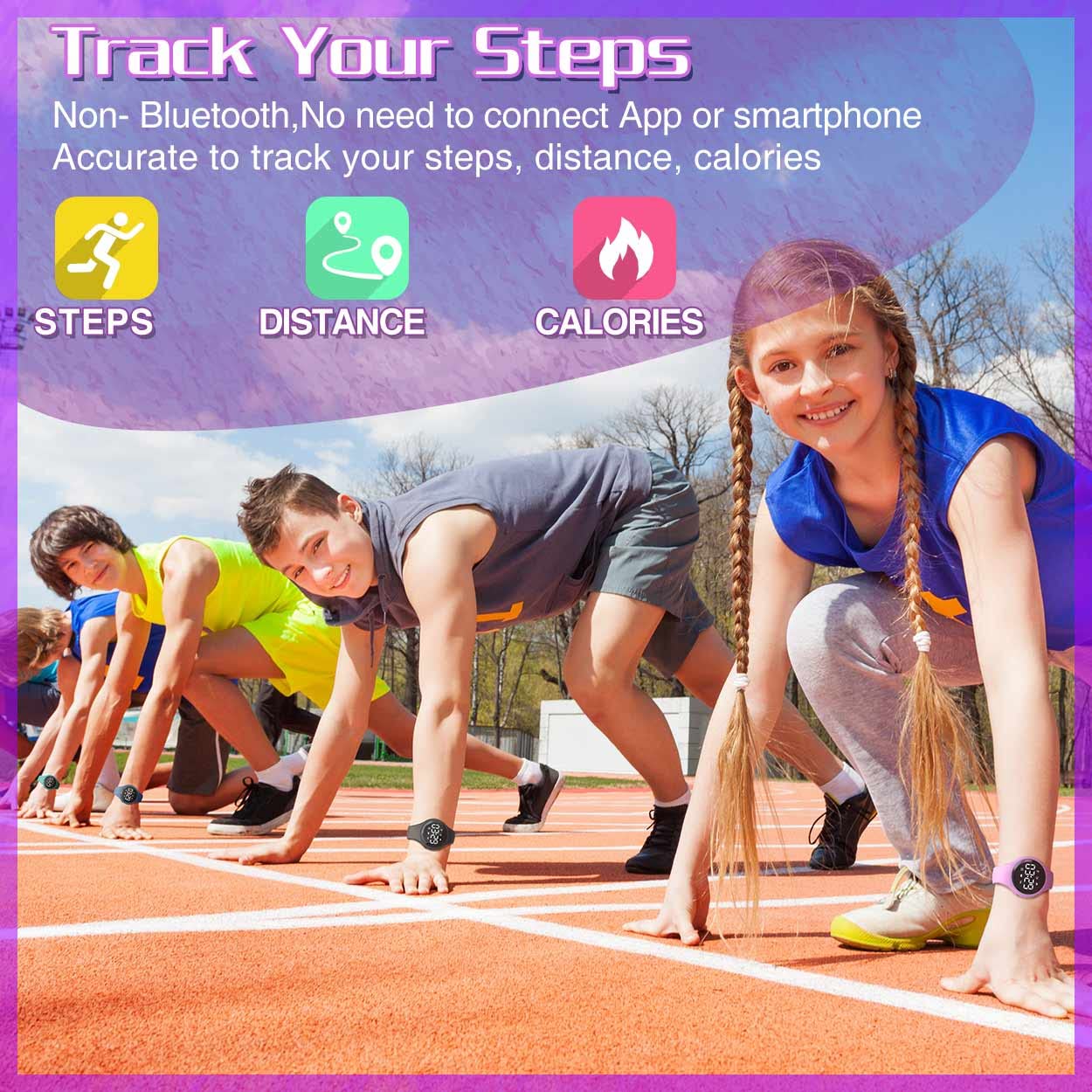 Konewos Children Simple Fitness Tracker Watch, Digital Step Counter Sport Watch, Waterproof Wristwatch, with Pedometer Alarm Clock Calendar for Kids Boy Girl Students (White-Square) (Square-Purple)