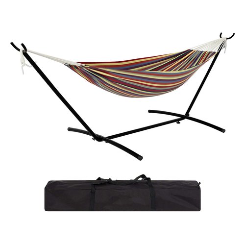 Hammock with Stand – Heavys Duty 500 LBS Capacity, Portable Hammock Set for Outdoors, Indoors, Patio, Garden, and Camping – Includes Carrying Bag and Adjustable Steel Frame(Rainbow Stripes)