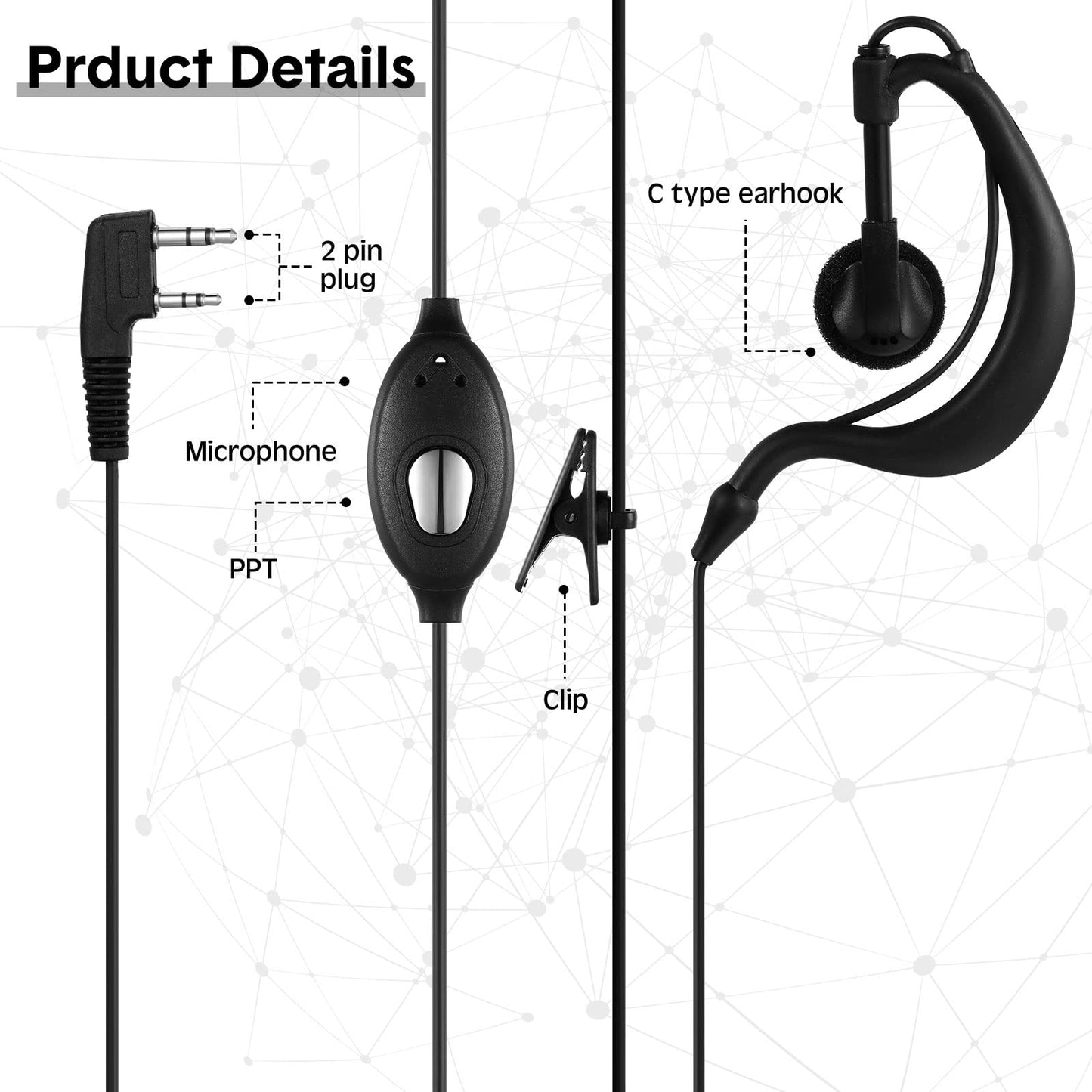 20 Pairs Walkie Talkie Earpiece with Mic 2 Pin Two Way Radio Ear Piece Microphone Earbud Bulk Single Wire Earhook Headset Compatible with Baofeng UV-5R BF-888S Arcshell Retevis H-777 RT21 RT22