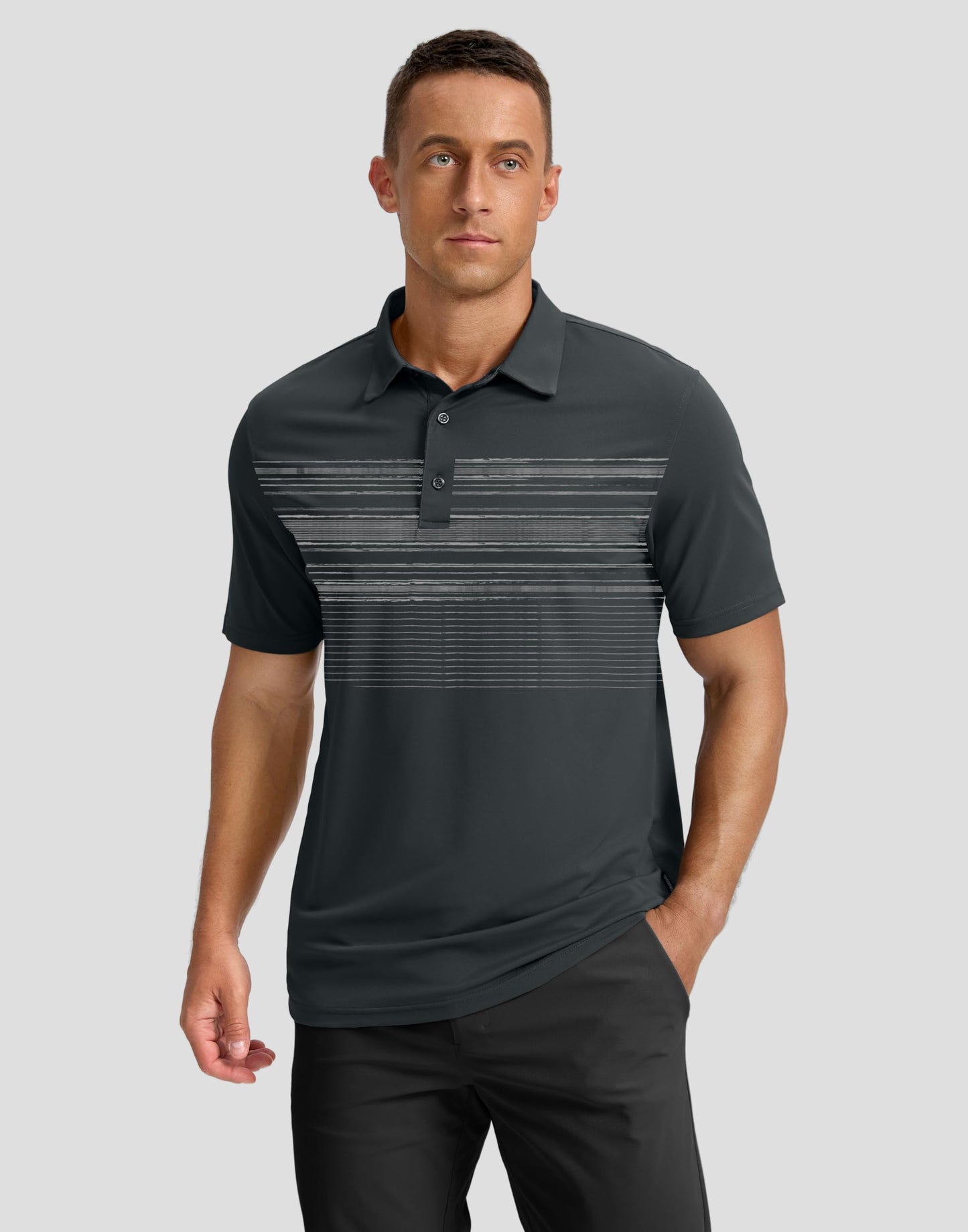 G Gradual Men's Golf Shirts Quick Dry Moisture Wicking Performance Short Sleeve Collared Polo Shirts for Casual Athletic Business (Deep Grey Stripes, XXL)