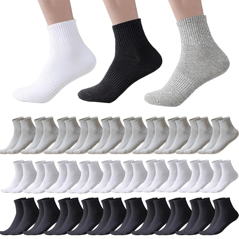 30 Pairs Crew Socks - Unisex Cotton Athletic Socks 4-8 (Black White Gray) - 12/30 Pairs