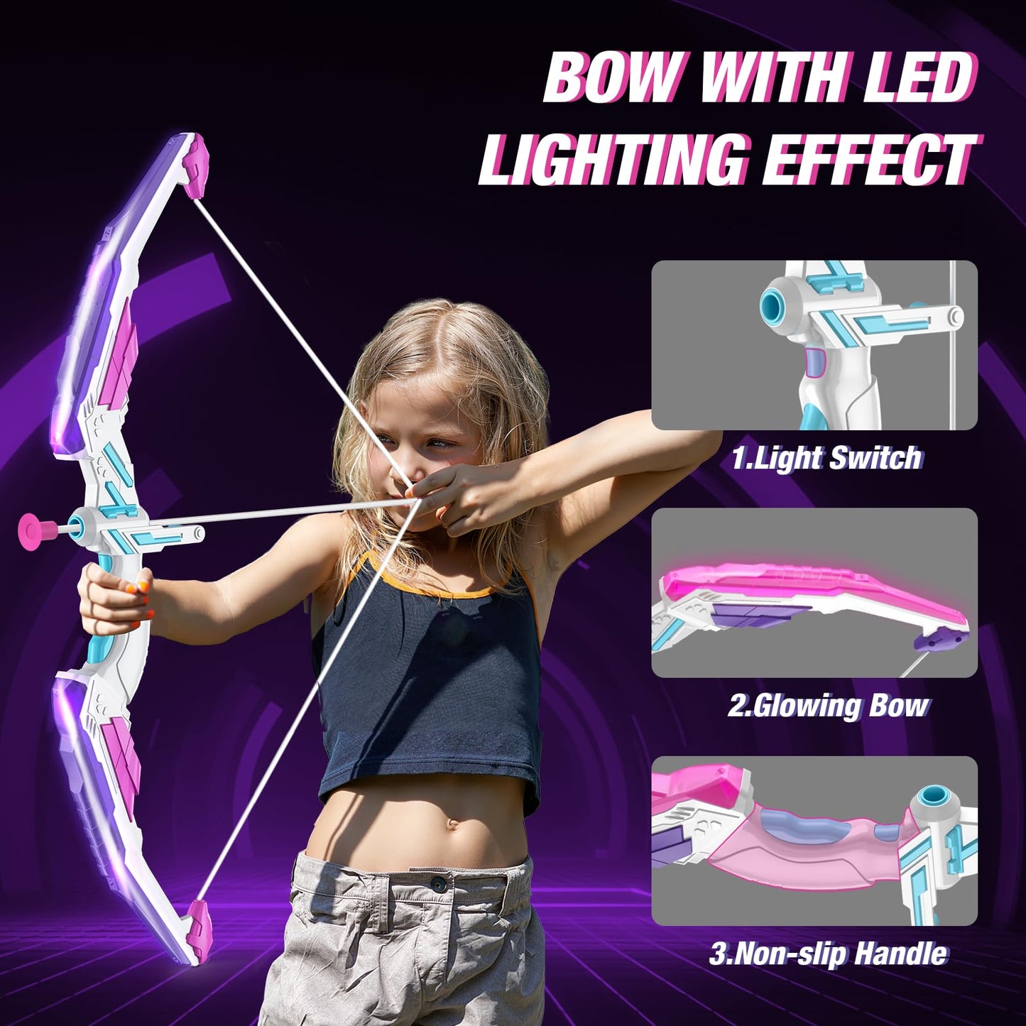 HYES 2 Pack Bow and Arrow for Kids, LED Light Up Archery Set with 24 Suction Cup Arrows, 2 Hanging Targets, 6 Score Targets & 2 Quiver, Indoor Outdoor Sport Toys for Girls Ages 4-12