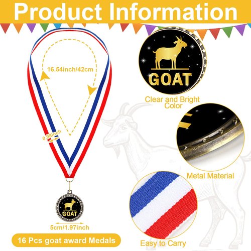 Ferreve 16 Pcs Greatest of All Time Champ Medal with Neck Ribbon Goat Pendant Medal Award Funny Recognition Football MVP Necklace Fantasy Sports Award for Tournament League Champion