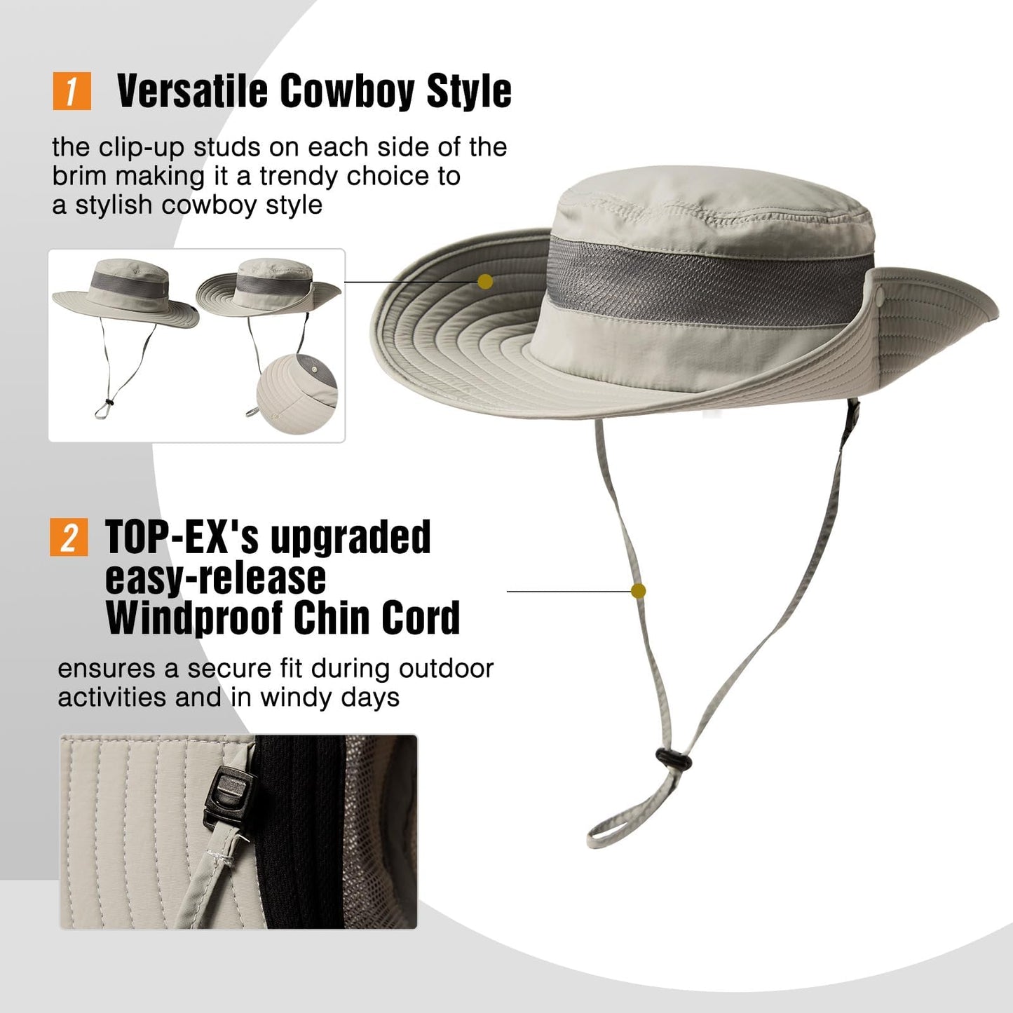 Summer Mesh Bucket Sun Hats for Men Big Head Wide Brim Boonie Safari Waterproof Beach UPF50+ Fishing Hiking Light Grey