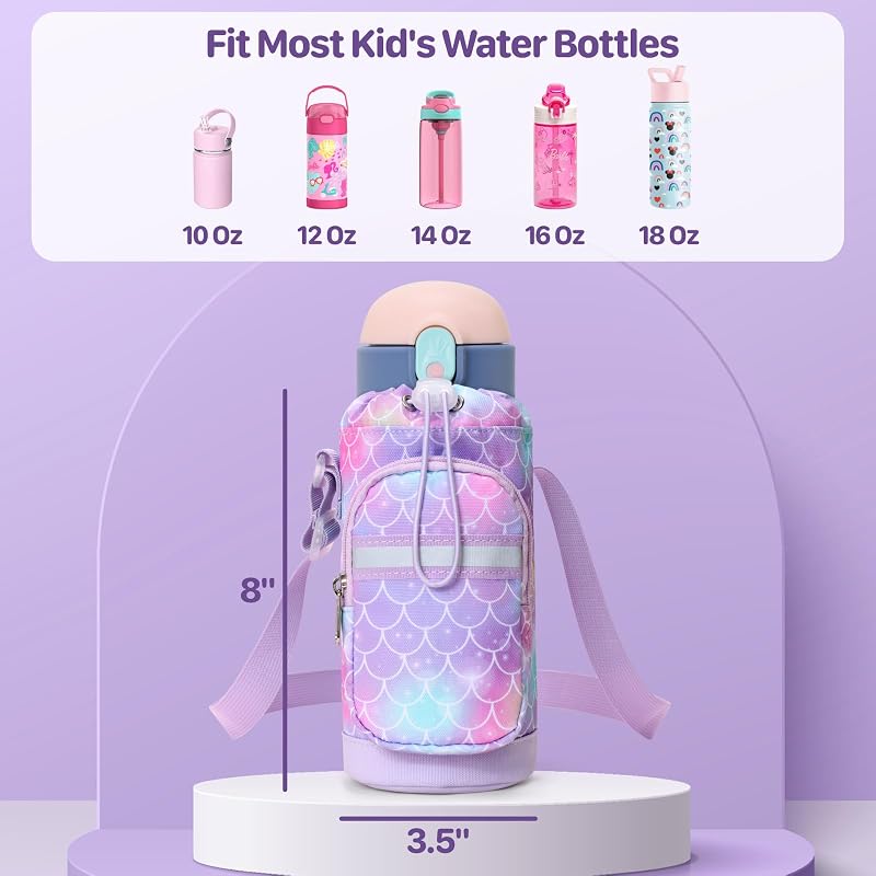 Water Bottle Holder for Kids - Adjustable Strap Carrier with Mermaid Purple Variation