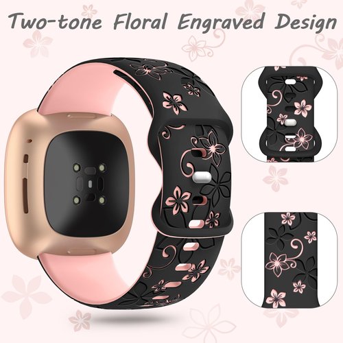 OHOTLOVE Floral Engraved Bands Compatible for Fitbit Sense Bands/Fitbit Versa 3 Bands Women/Fitbit Versa 4 Bands/Sense 2 Bands,Soft Cute Two-Tone Flower Sport Watch Strap Replacement Wristbands.A