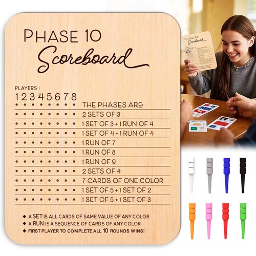 LZC LADYS GIFT Phase 10 Score Board, Wooden Scoreboard for Phase 10 Card Game with 8 Colored Cribbage Pegs, Fun Board Card Games Accessories for Adults, Families, Parties & Travel
