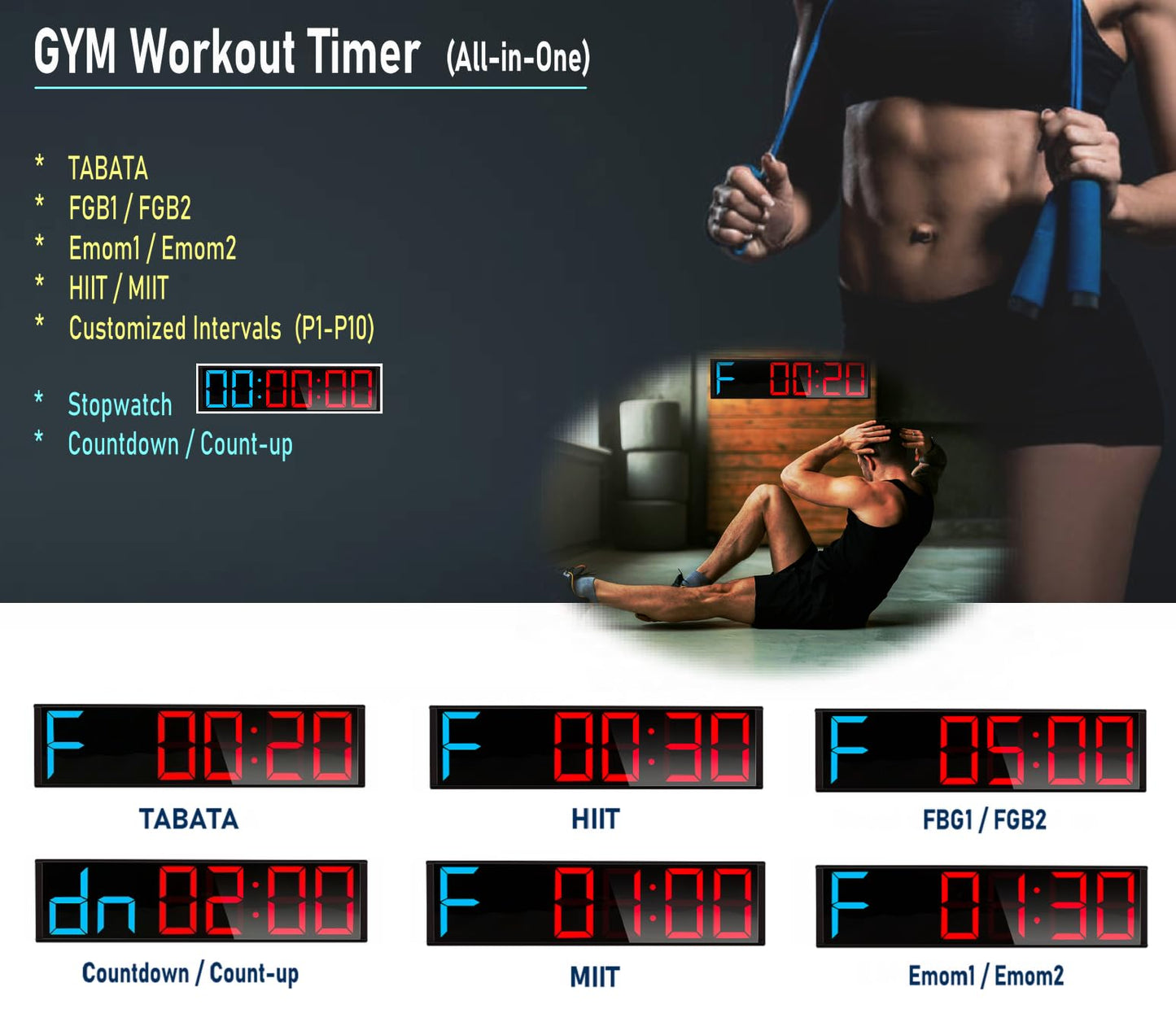 ETEBRG 26'' Huge Home Gym Interval Workout Timers, Digital Wall Clock, with Countdown, Stopwatch, 7-Color Light, 8-Alarms, Calendar/Temperature Display, for HIIT/Tabata/FGB/EMOM (Blue & Red)