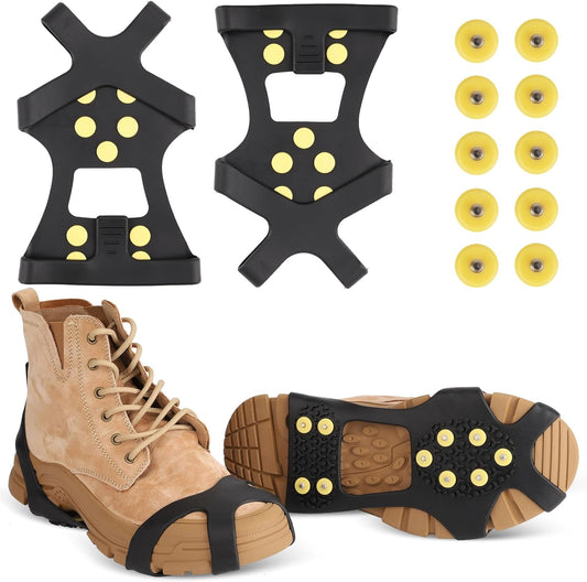 Ice Cleats for Boots Shoes, Ice Shoe Grips Anti Slip for Men Women, Rubber Snow Cleats, Spikes Crampons for Hiking Boots and Shoes + 10 Extra Replacement Studs (S, M, L, XL)