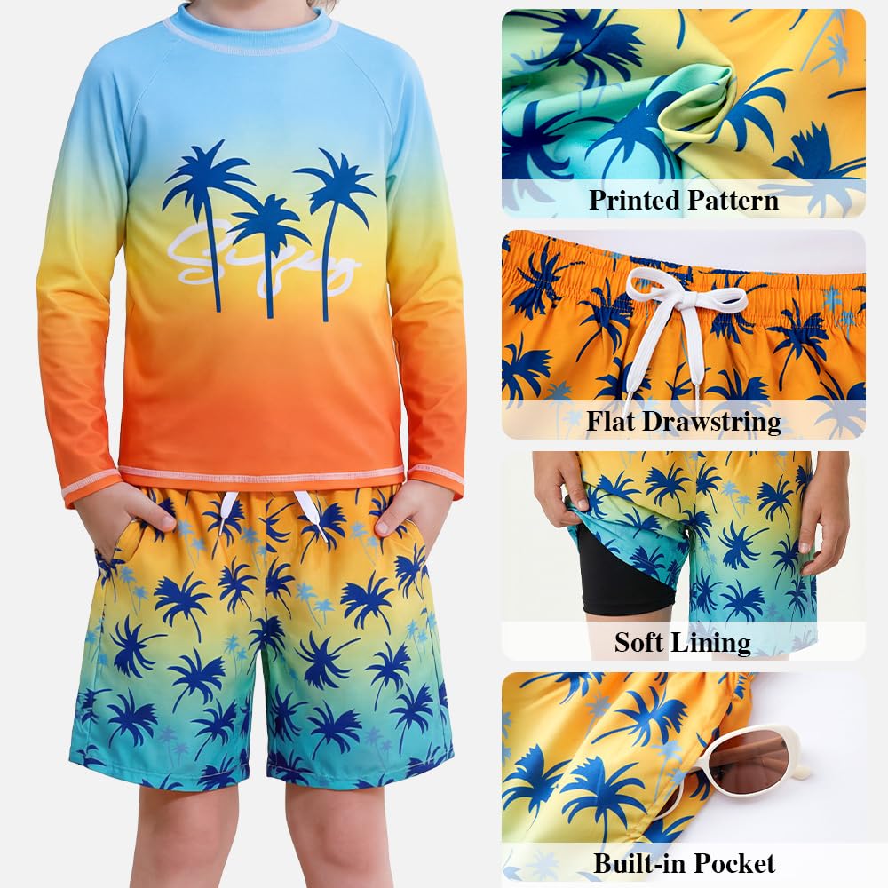 Belovance Boys Two Piece Rash Guard Swim Set Toddler Kids Long Sleeve Bathing Suit Swimwear Shirt with Trunks Swimming Suits Surfing Beach Clothes Quick Dry 5t Size 6 Blue Orange Coconut Tree