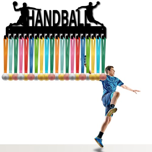 CREATCABIN Handball Medal Hanger Sports Medal Holder Display Award Lanyard Ribbons Organizer with Hooks Metal Black Rack Mounted for Wall Hanging 20+ Medals Sport Race Gifts Soccer Players Athletes