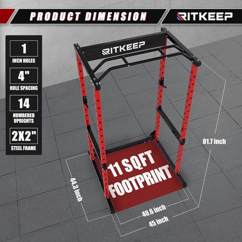 RitKeep RMAX 2250 Multi-Functional Power Rack - 1200lb Capacity Squat Rack for Home Gym with Multi-Grip Pull-Up Bar, J-Hooks, and Safety Bars (Red(red barbell）, 700LB barbell)