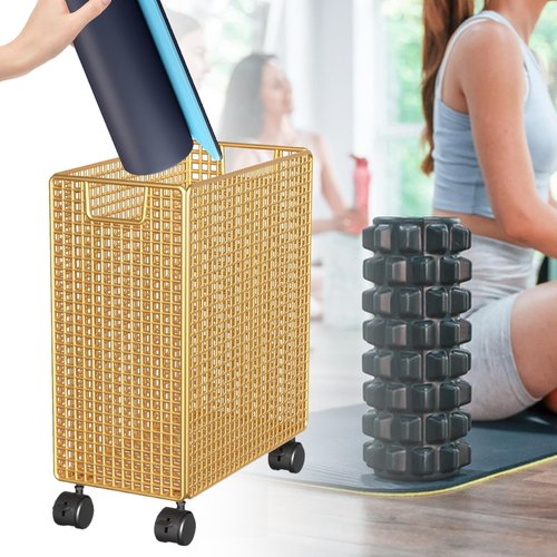Aosekaa Yoga Mat Storage Basket Cart Wheeled Portable Laundry Basket Home Gym Storage Rack for Living Room Dorm Outdoor Yoga Blocks, Gold
