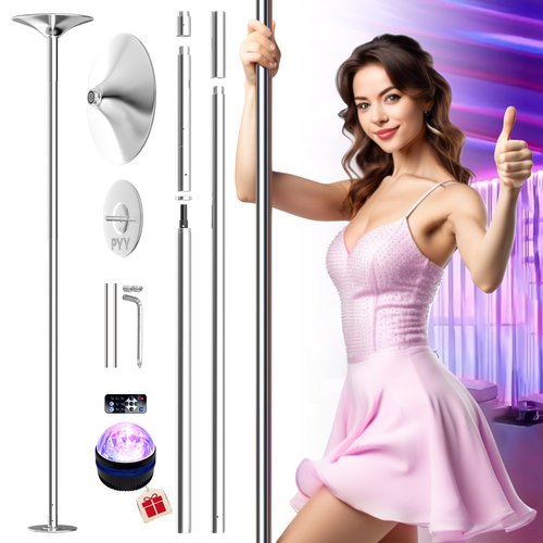 PYY Dance Pole for Home - Adjustable & Portable Dancing Pole for Gym Studio Pub, 45mm Chrome Finish, Spinning & Static Modes, Remote LED Lights, No Drilling Required, Fits 88"-108" Ceilings