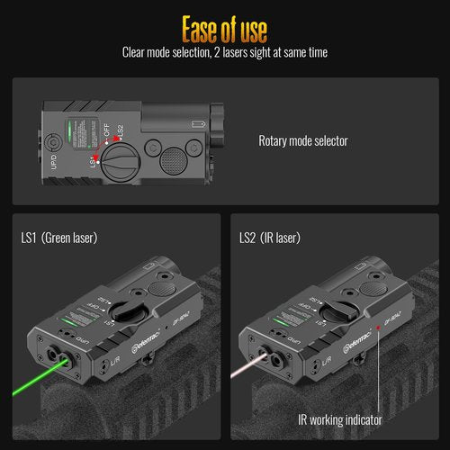 Defentac Mlok/Picatinny Mounted Dual Laser Sight with Green & IR Laser Options - Strobe, Aluminum, Replaceable Battery
