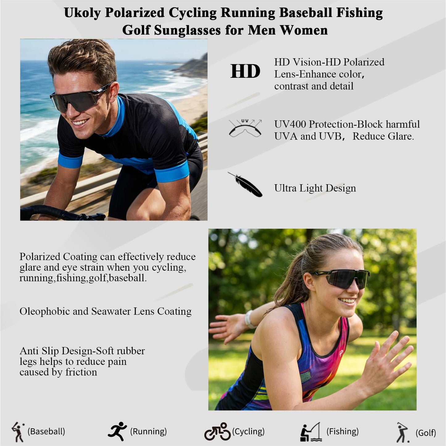 Ukoly Polarized Sport Sunglasses for Men Women,UV400 Protection HD Lens
