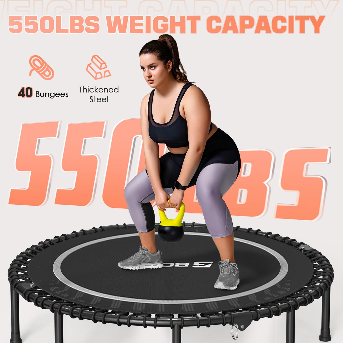 BCAN Mini Trampoline for Adults, Fitness Trampoline with Durable Bungees, Exercise Rebounder,Great Mini Trampoline for Indoor Grey