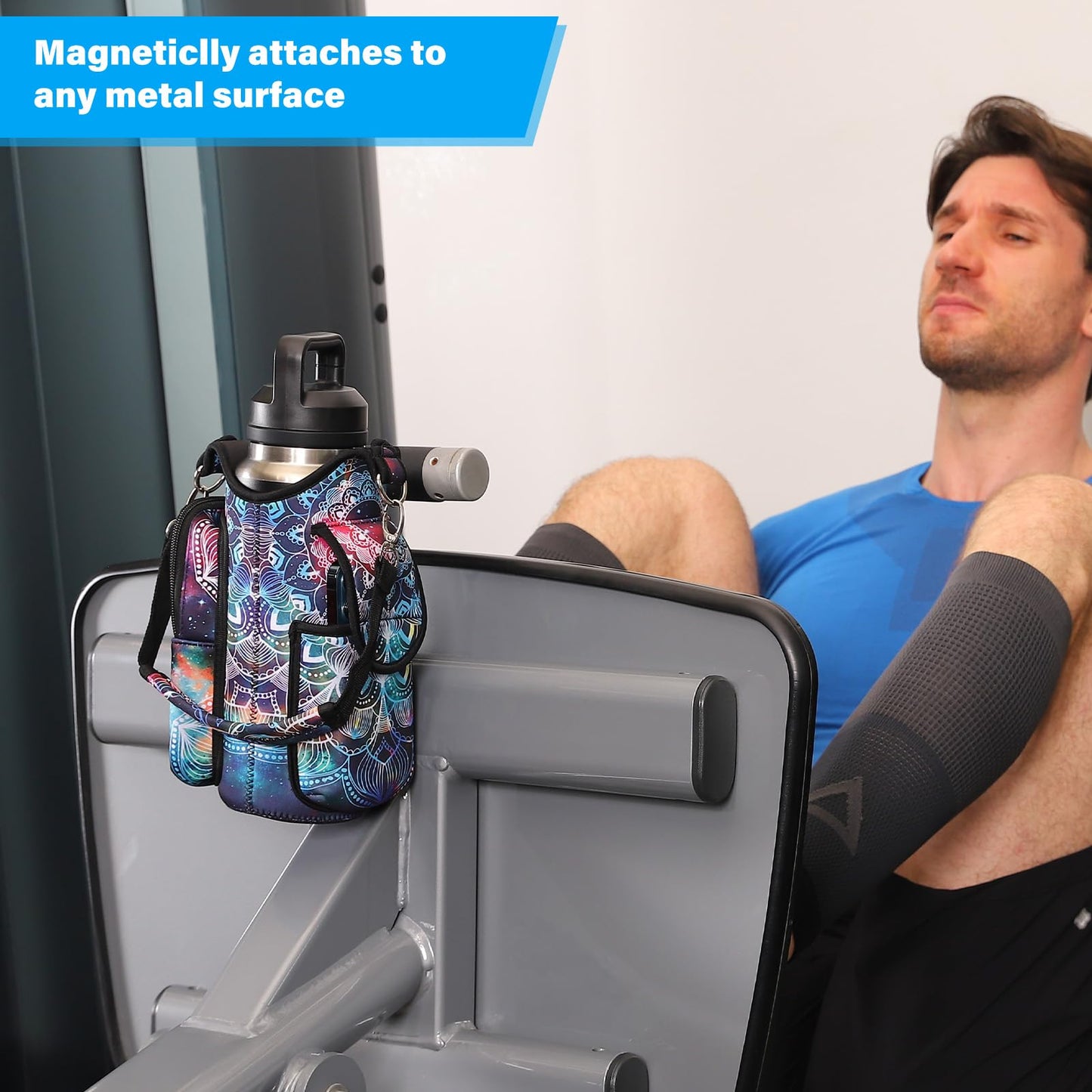 icolor Magnetic Gym Bag Water Bottle Carrier Holder with Phone Pockets & Shoulder Strap,5 Built-in Magnets Gym Bottle Pouch Sleeve,Magnetic Bag Gym Accessories Organizer for Men Women (Mandala)