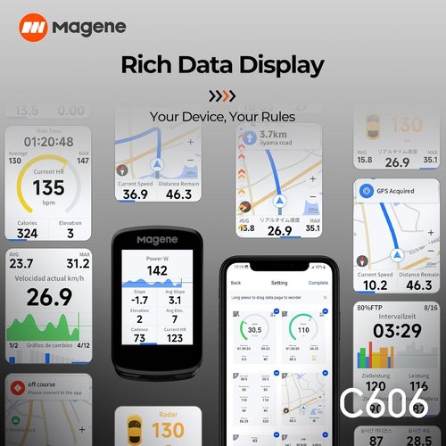 Magene C606 Smart Navigation GPS Bike Computer with Offline Map, 2.8-inch Color Touchscreen, WiFi & Bluetooth Cycling Computer, 11 Languages, IPX7 Waterproof