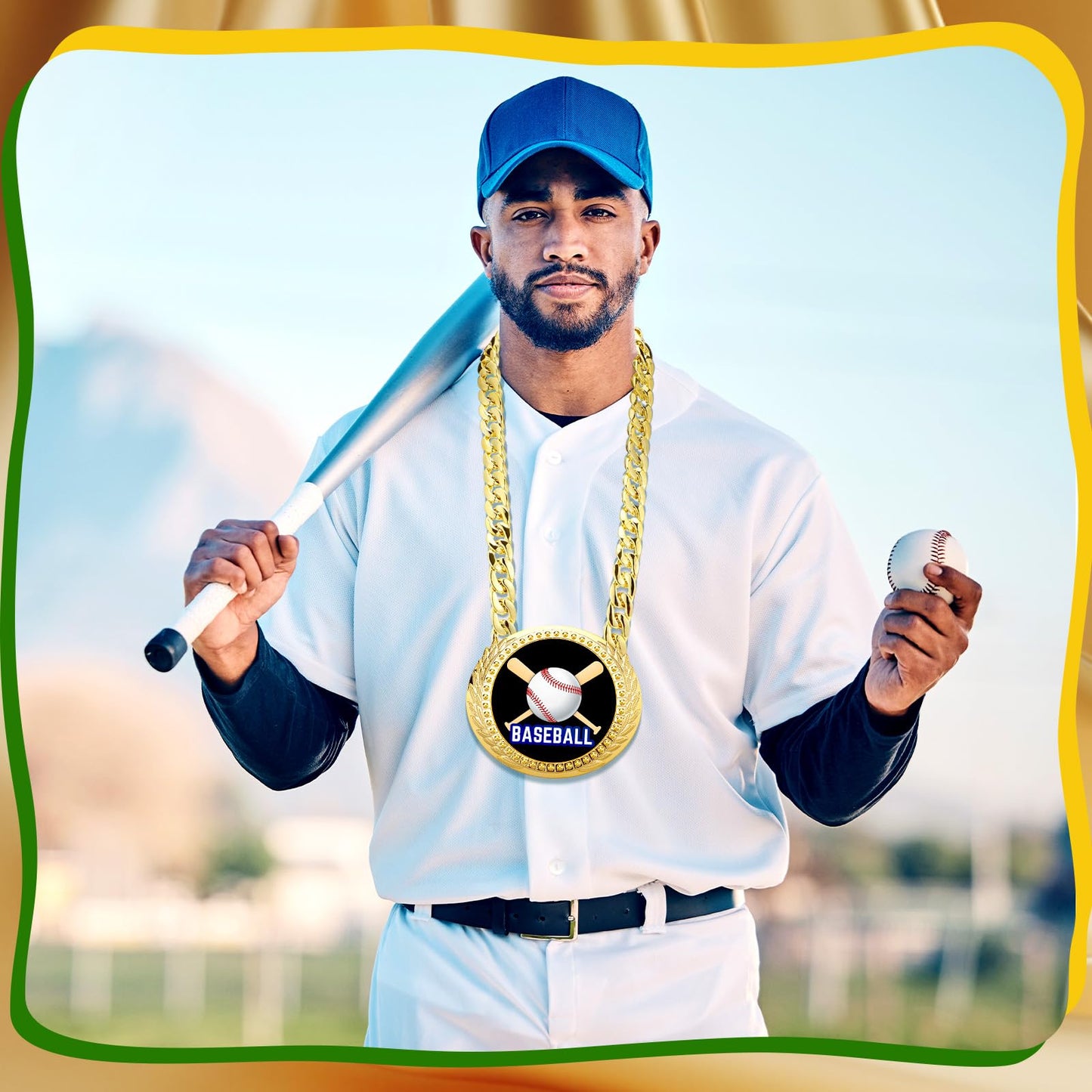 Tondiamo Sports MVP Turnover Chain Medal 6 Big Gold Champ Award Necklace Chain Baseball Basketball Football Soccer Softball Volleyball Sports Competitions Prize Gifts and Party Favors(Baseball)