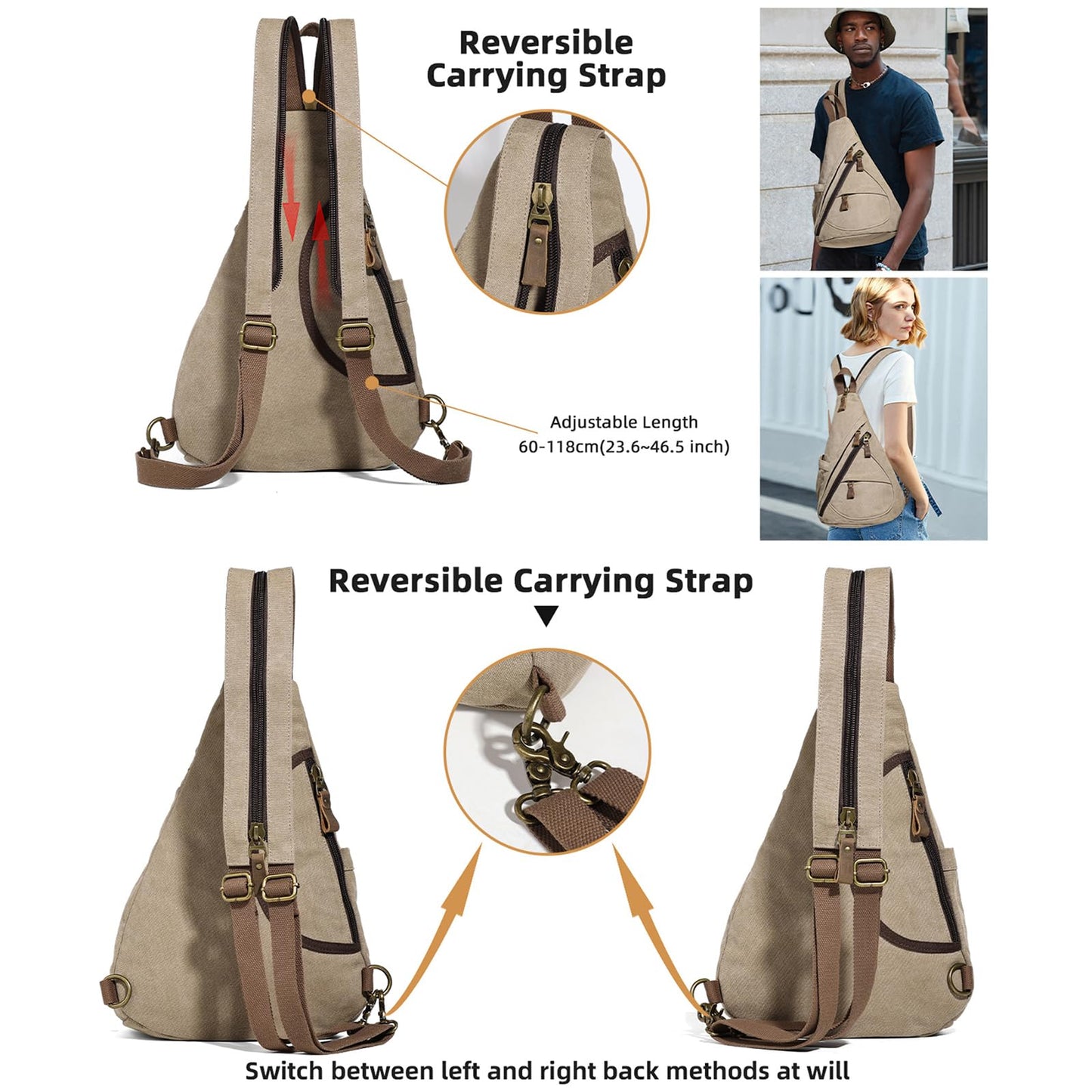 KL928 Canvas Sling Bag - Small Crossbody Backpack Shoulder Casual Daypack Rucksack for Men Women(Large Version,Khaki)