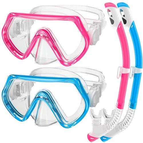 Kids Snorkel Set, Unisex Kids Swimming Goggles, Anti-Fog Diving Mask and Dry Top Snorkel Combo Set for Kids 3-14 (Blue+Pink)