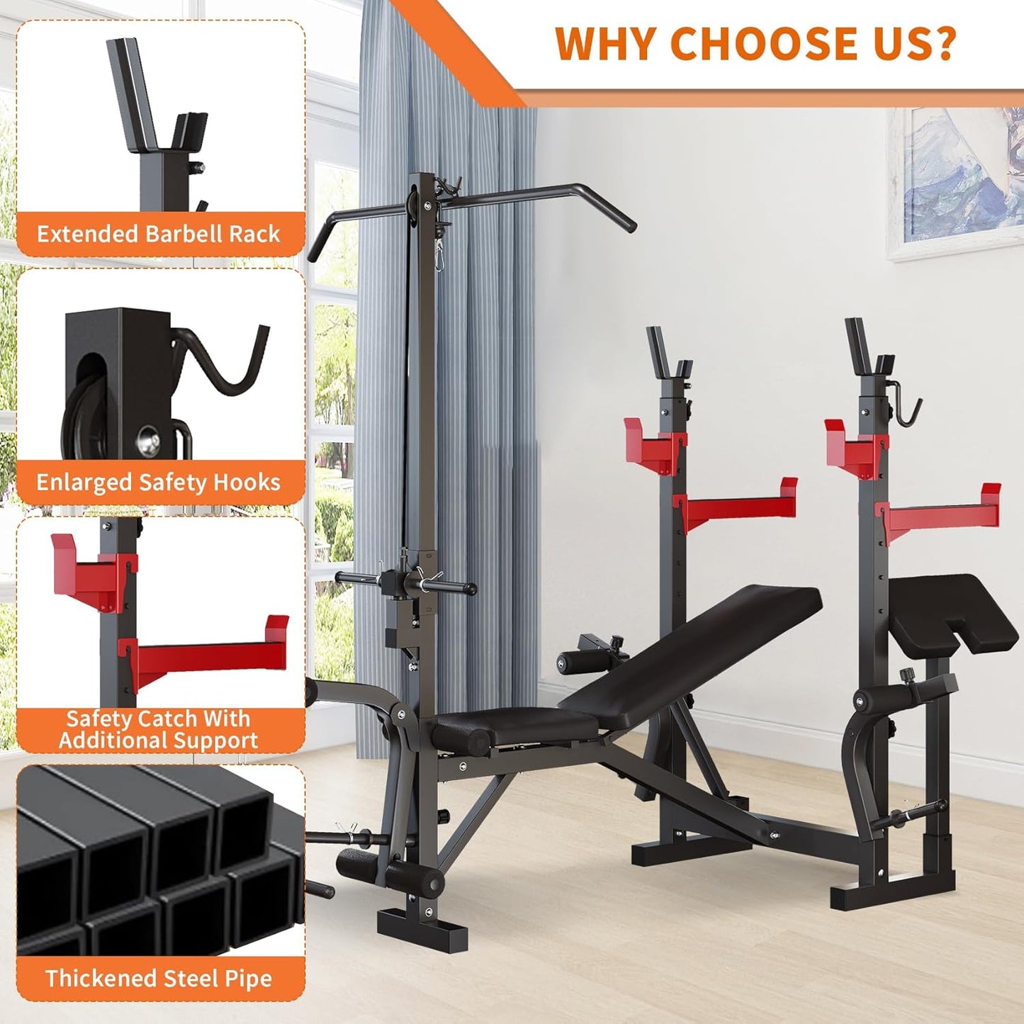 10-in-1 Adjustable Weight Bench Set, 1000 LBS Heavy Duty Multi-Function Bench Press Set with LAT Pulldown System and Squat Rack, Full-Body Strength Training Equipment for Home Gym