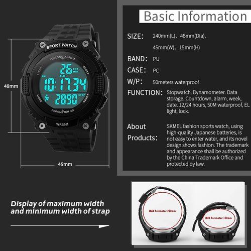FANMIS Men Pedometer Watches Military Multifunctional 50M Waterproof Digital Outdoor Sports Watch