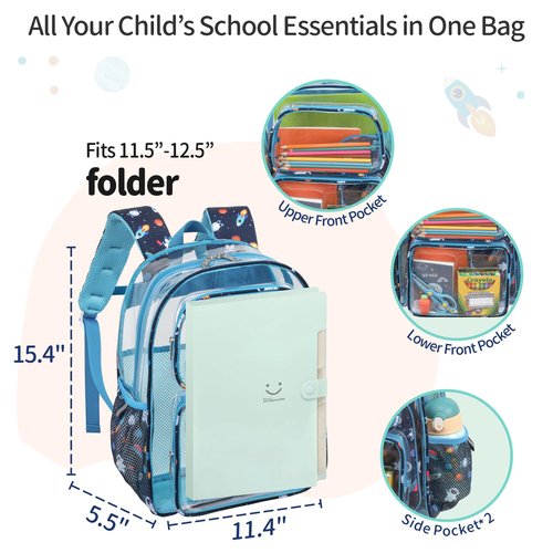 BrainyBees Clear Backpack for Boys - 15 Inch Heavy Duty Kids Backpacks for School, Clear Transparent Bookbag with 2 Front Pockets for Kids Aged 3 to 8, Blue Space Astronauts