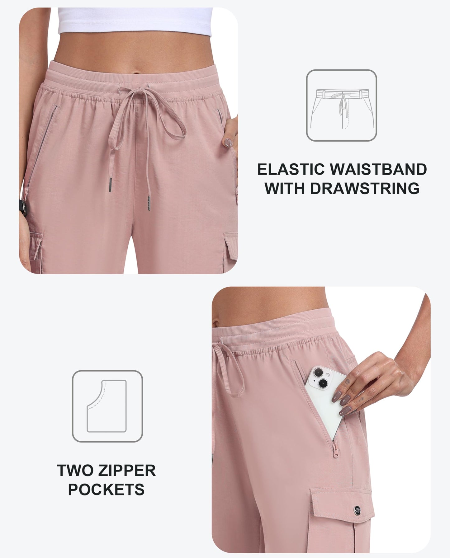 MoFiz Women's 10" Hiking Cargo Shorts Stretch Active Running Long Knee Length Shorts Quick Dry Outdoor Running Summer Shorts with Pockets Dusty Pink XL