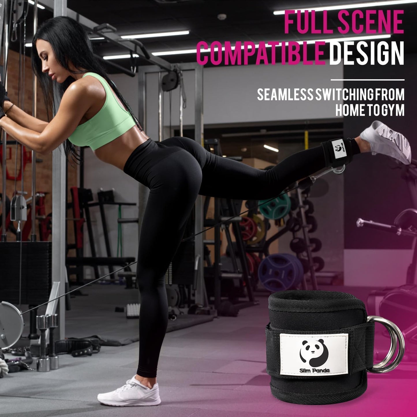 Slim Panda Ankle Strap for Cable Machine,Ankle Cuff for Kickbacks, Booty Hip Abductors,Glute Workouts, Leg Extensions, Curls for Men and Women, Adjustable with Double D-Rings (Single, Black)