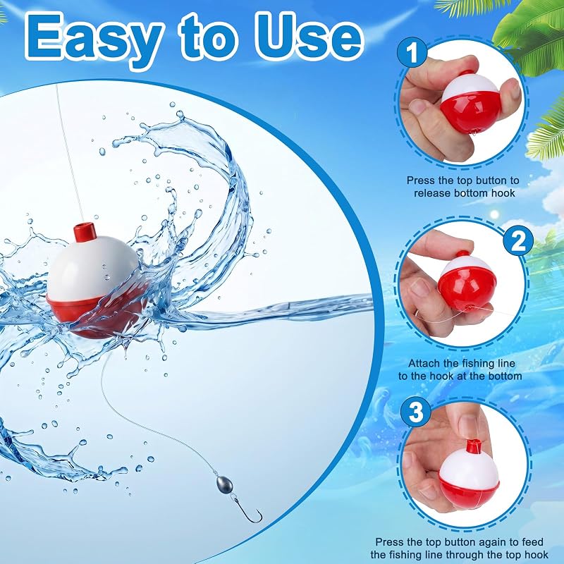 1.5 Inch Fishing Bobbers Floats Set, 30 Pieces, Push Button Round Red/White