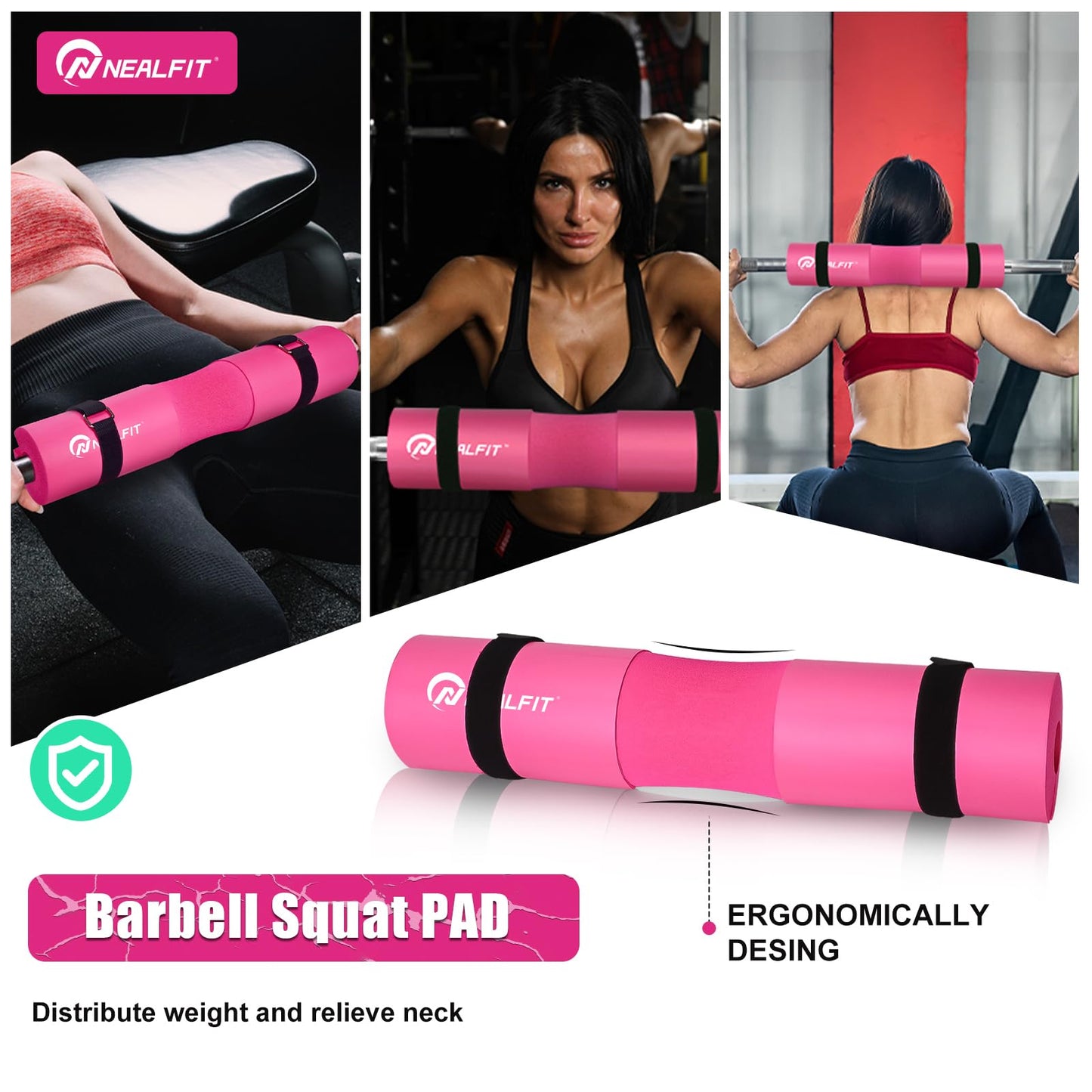 NEALFIT Barbell Pad Set for Squat & Hip Thrust - Extra Thick High Density Neck & Shoulder Support Cushion - Olympic Bar Pad for Weightlifting, Gym, Home Workouts (Pink)