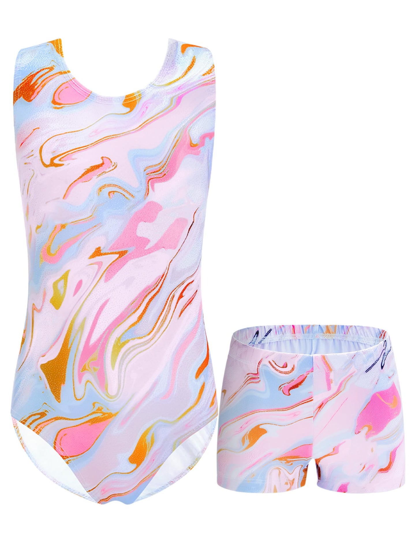 Domusgo Leotard for Girls Gymnastics Size 5-6 Years Old Sparkly Pink Tie Dye Set with Matching Shorts
