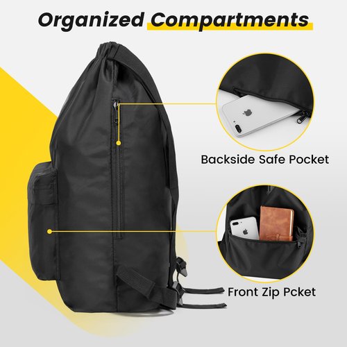 Vorspack Drawstring Backpack Water Resistant String Bag Cinch Bag Sports Gym Sack with Side Pocket for Men Women - Black