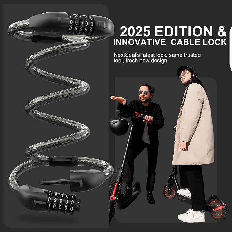 NextSeal Dual Cable Lock for E-Scooters & Bikes - 12mm 5-Digit Combination - Black