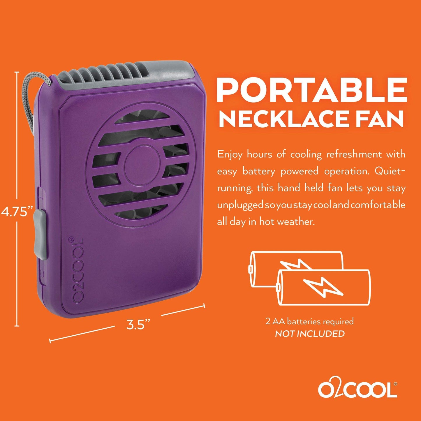 O2COOL Battery Powered Deluxe Necklace Fan For Personal Cooling With Adjustable Lanyard (Purple)