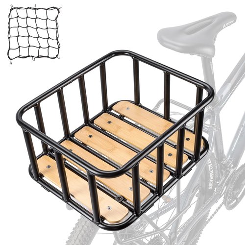 CXWXC Rear Bike Basket - Large Bicycle Rear Basket with Cargo Net and Waterproof Cover, Wooden Base Baskets Rear Large Capacity