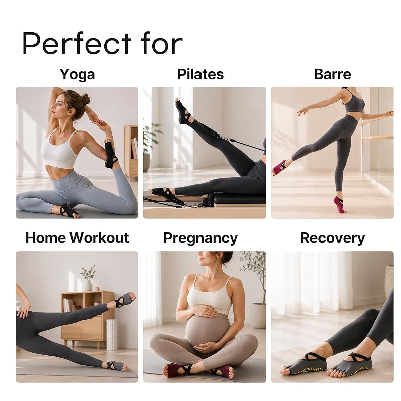 Yoga Socks for Women Open-Toe Non-Slip Grip 2 Pairs Black & Light Grey - Barre, Ballet, Dance