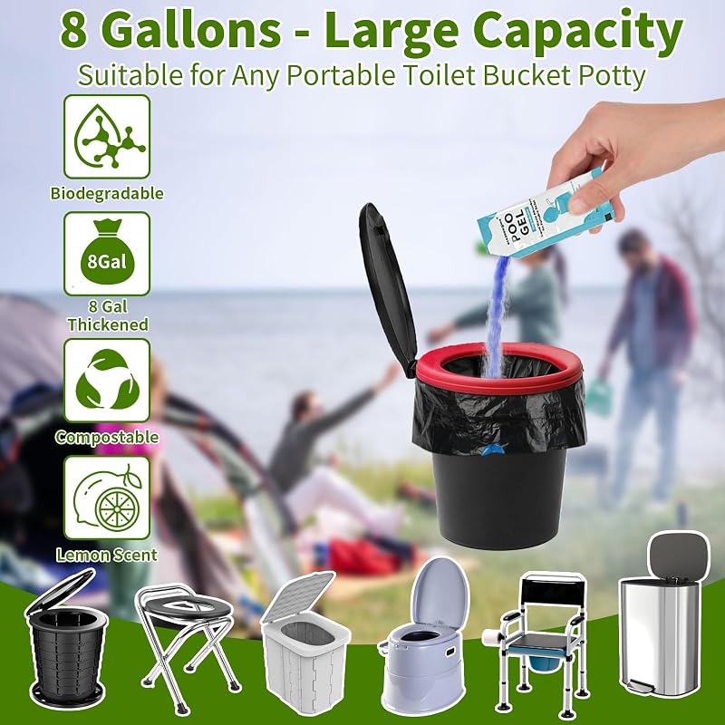 8 Gallon Portable Toilet Bags with Poo Gel Set - 20 Bags & 20 Gel Packs, Compostable, Camping & Outdoor