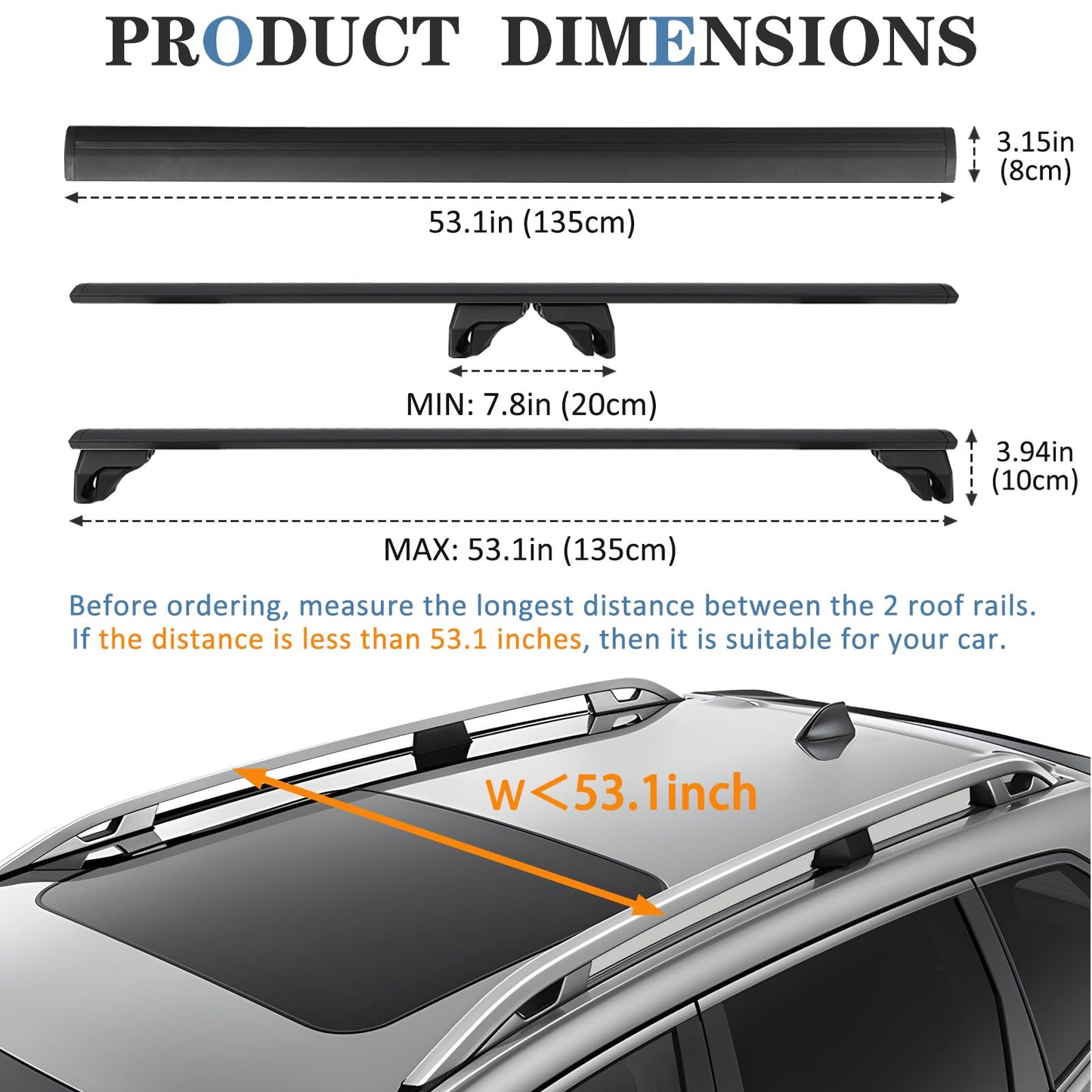 FelicValo FelicValo 53" All-Metal 330 lbs Roof Rack Cross Bars with T-Slot, Universal Fit for Raised Side Rails, Heavy Duty Aluminum Crossbars for Cargo Carrier, Kayak and Luggage, Lock-Free Design