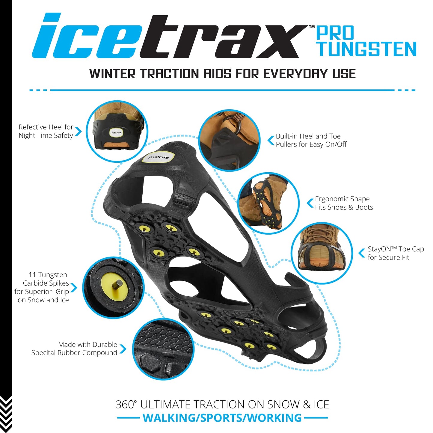 ICETRAX Pro Tungsten Grip Winter Ice Cleats for Shoes and Boots - Snow and Ice Grips, StayON Toe, Reflective Heel