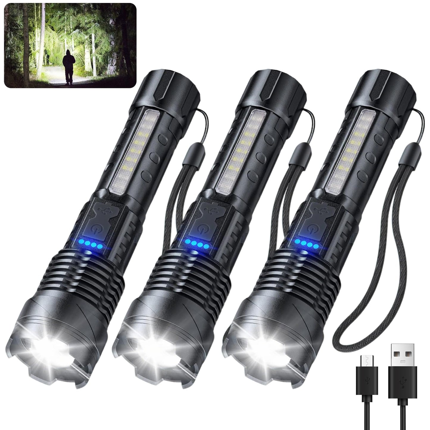 JIJ Flashlight 3 Pack, Rechargeable Flashlights High Lumens, 7 Modes LED Flashlight with IP67 Waterproof, Adjustable Handheld Tactical Flashlight for Camping, Home Emergency, Outdoor
