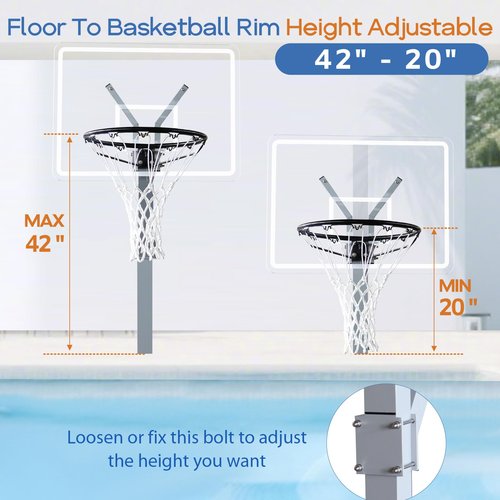 Pool Basketball Hoop for Inground, Poolside Basketball Goal with 18'' Standard Rim, Acrylic Backboard, Rustproof Aluminum Alloy Frame - Adjustable Height 20 to 42 Inches (Silver, In-Ground)