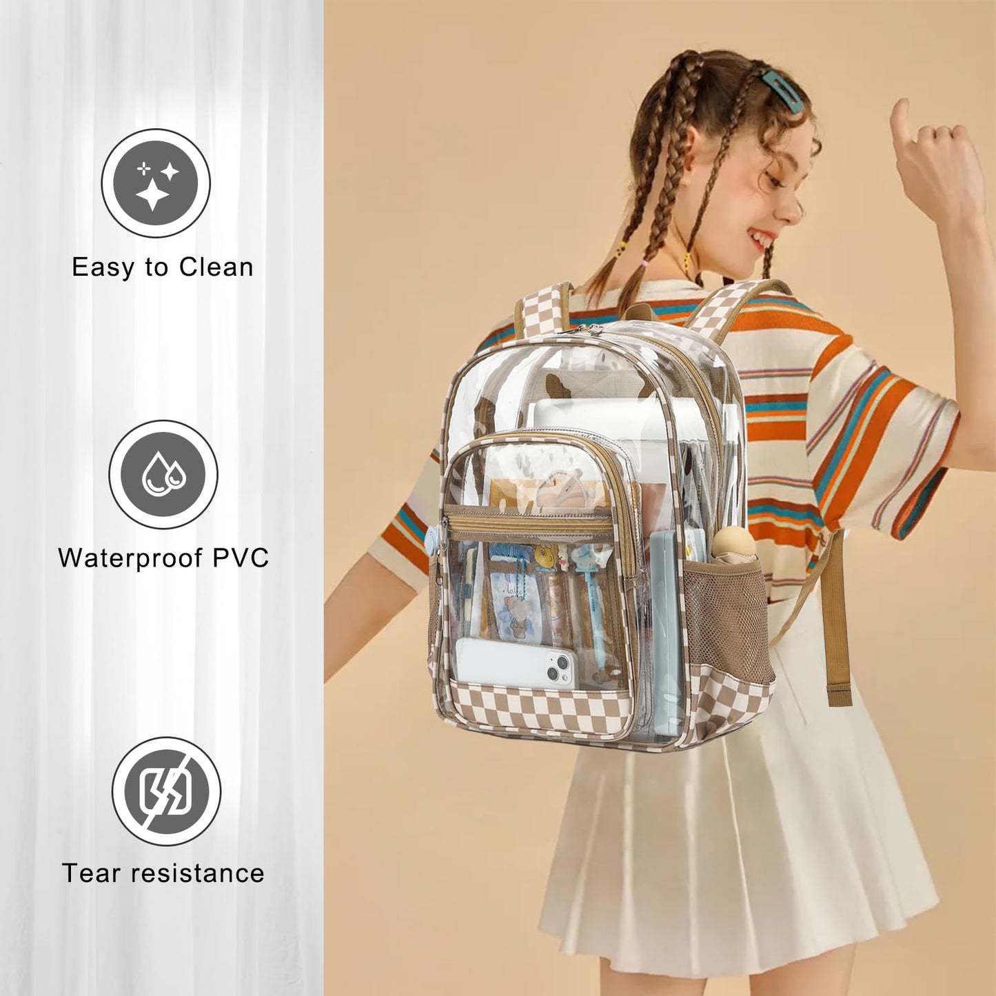 Dezcrab Clear Backpack for School Girls Boys, Heavy Duty Transparent Backpack Kids See-Through Clear Bookbag (Checkered Khaki)