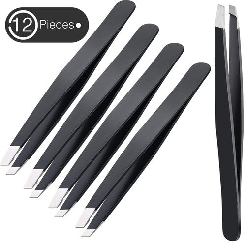 Mudder 12 Pcs Eyebrow Tweezers Set for Facial Hair Stainless Steel Slanted Tip Tweezers in Bulk for Men and Women(12 Pcs,Black)