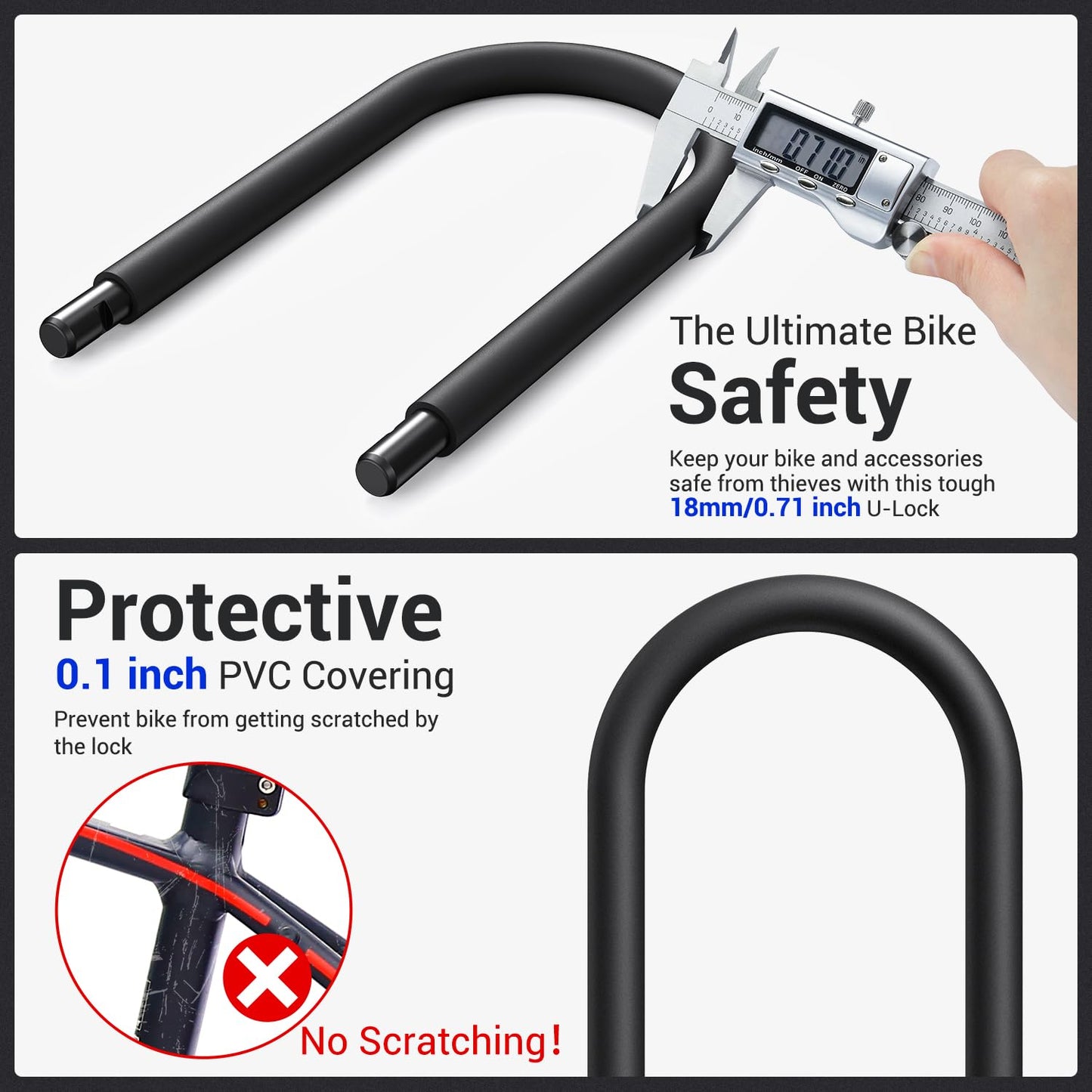 Sportneer Bike U Lock - 18mm Shackle Heavy Duty Bike Lock with 6ft Security Cable - Bicycle U-Locks with Sturdy Mounting Bracket for Road, Mountain, Electric and Folding Bike, Size 9.85''x6.3''