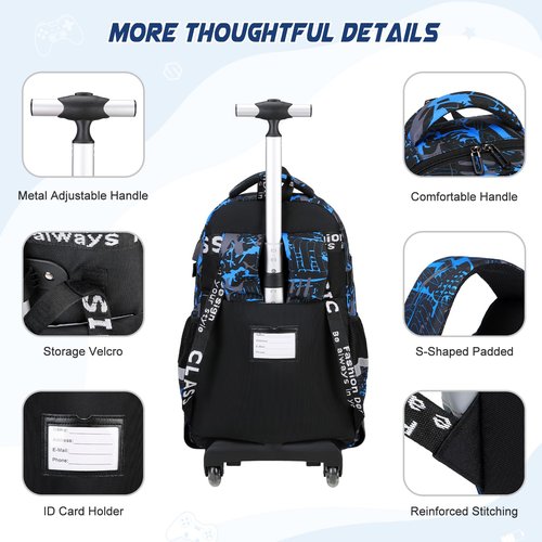 Scothen Rolling Backpack for Boys, Cool Luminous Gamer Roller School Backpacks for Boys with Lunch Bag and Pencil Pouch, Kids Backpack Bookbag with Wheels for Kindergarten Elementary Middle School